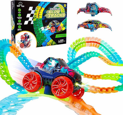 Toyz Zero-G Glow in the Dark Flexible Race Track Set –  LED Car Set for Kids